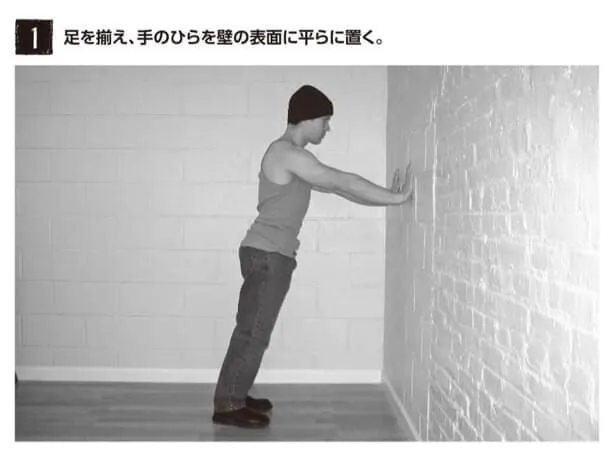 👆 これはプッシュアップのステップ 1 のウォール・プッシュアップの図です